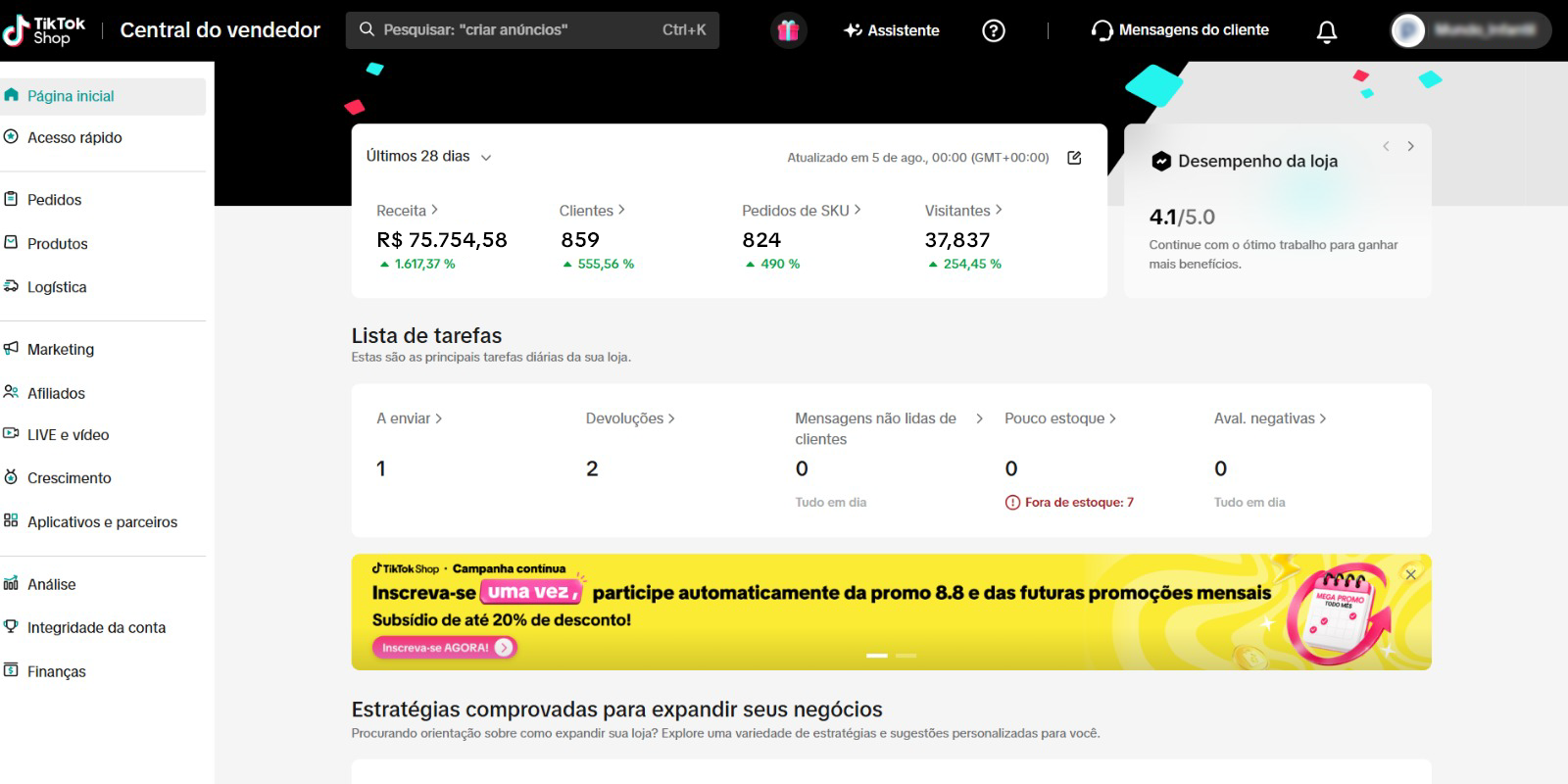 Central do Vendedor do TikTok Shop com R$ 75.754,58 de receita em 28 dias
